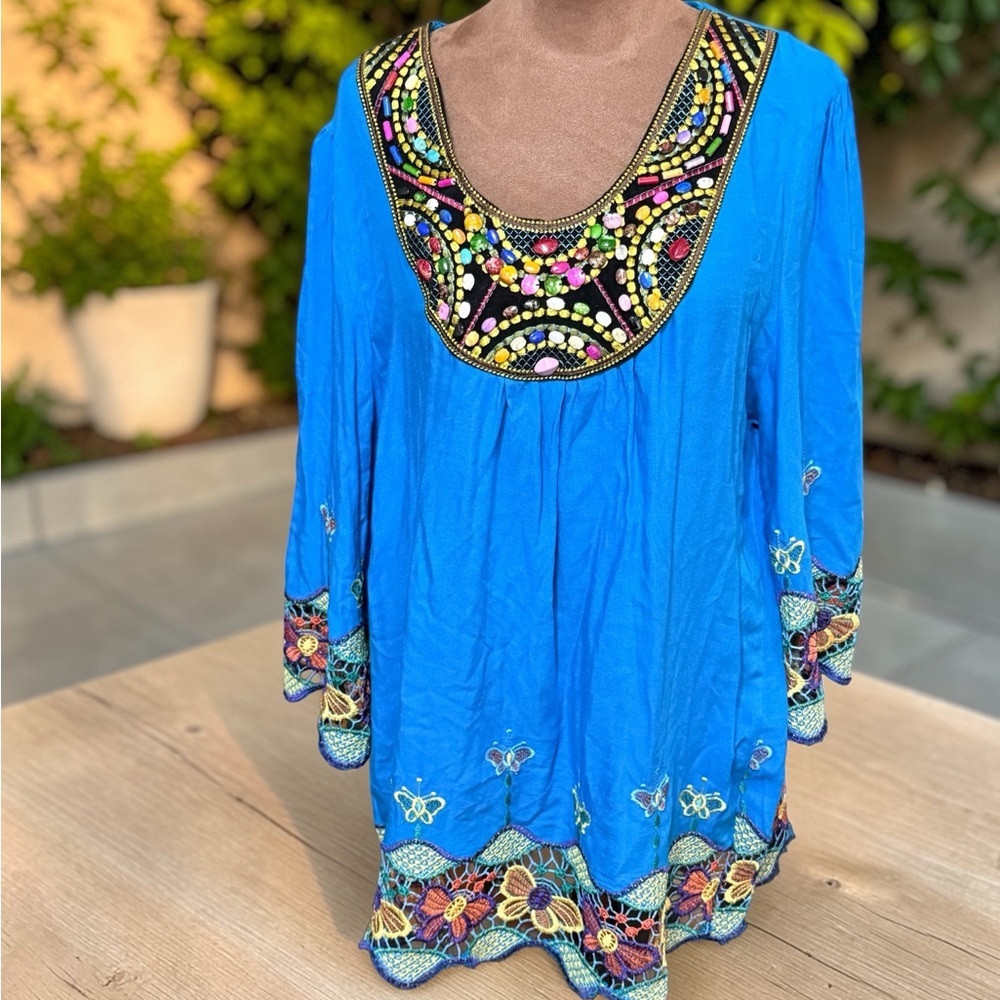 Vibrant Blue Embroidered Tunic for Women